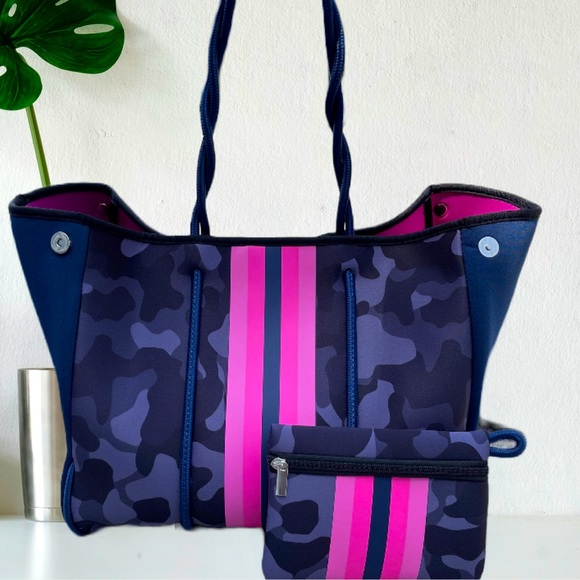 new Navy blue Camo Neoprene Tote + hot pink racing stripes +more purse bag totes